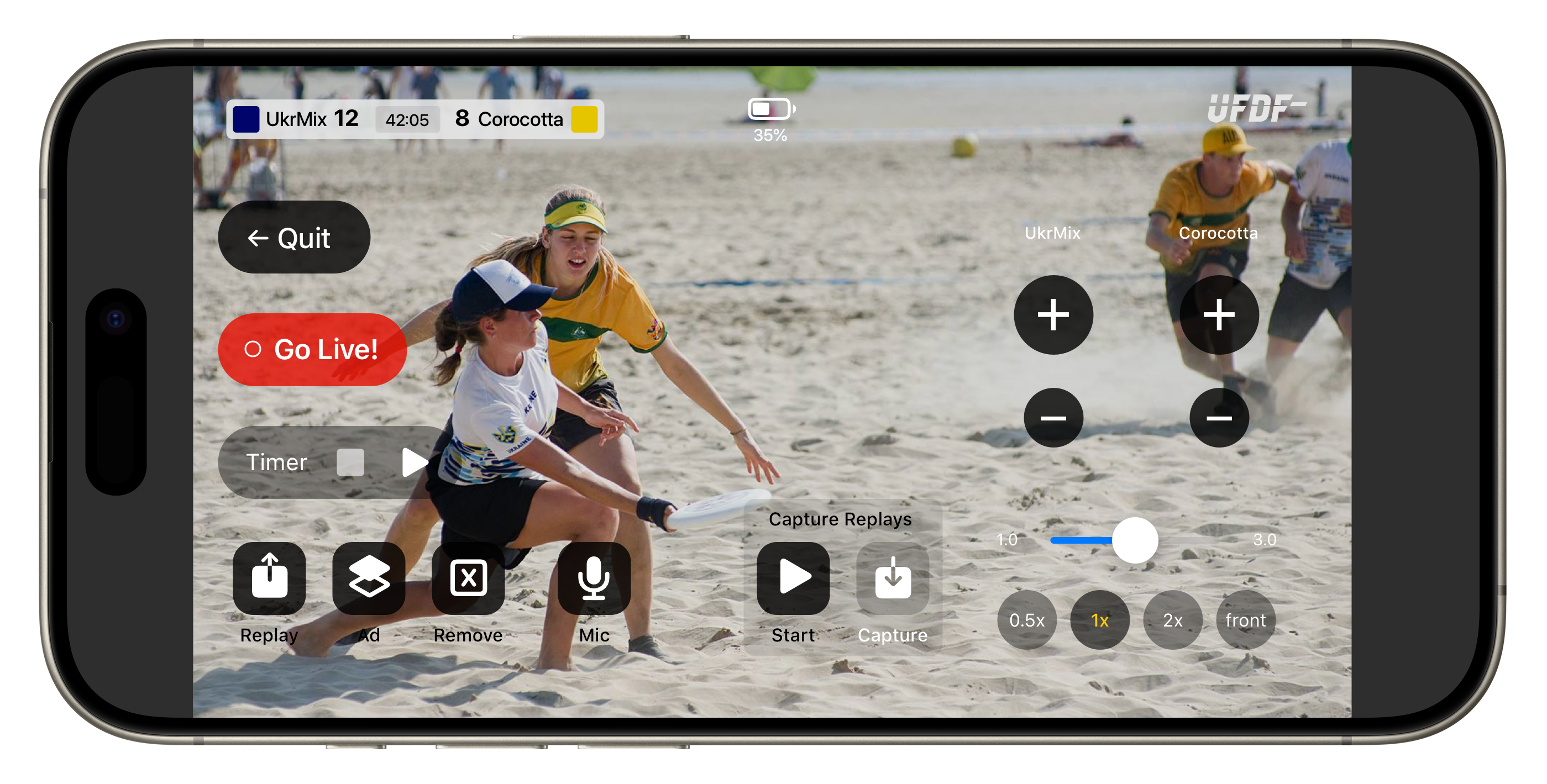 Sports live streaming app with overlays, scoreboards and instant replays on iPhone